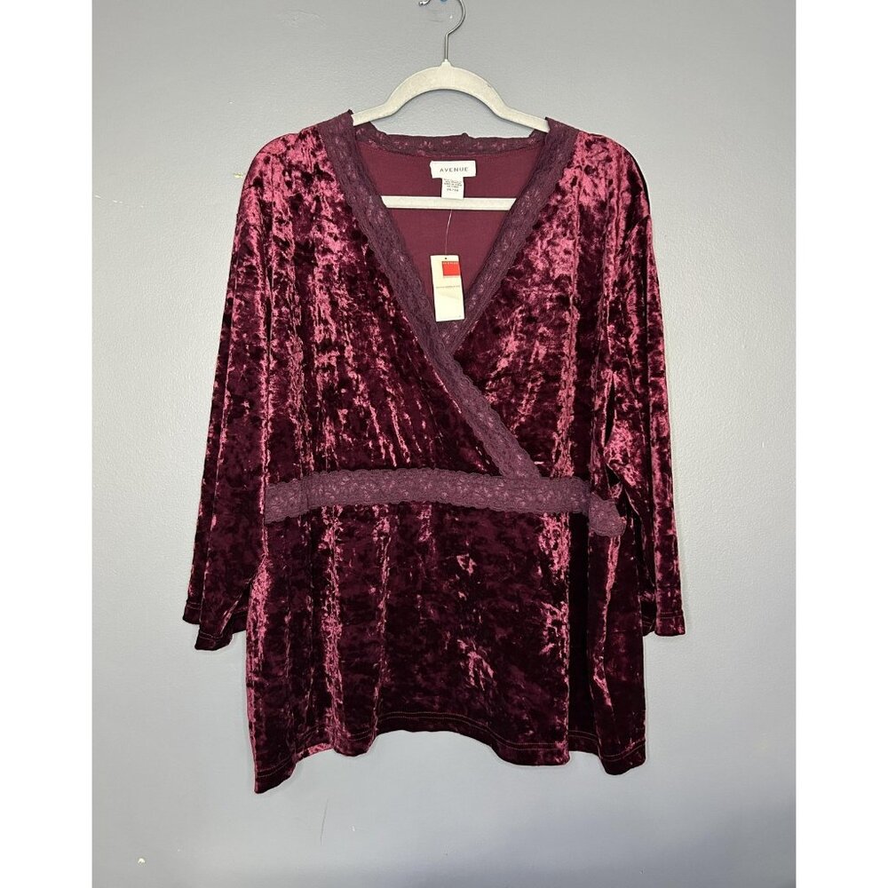 Avenue Shirt Womens 26/28 Burgundy Crushed Velvet Lace Trim Long Sleeve 90s‎ Y2K